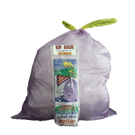 Conf. 15 sacchi per rifiuti colore viola - 44 litri - profumato con maniglie - F.to 55x65 cm