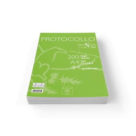 Fogli protocollo Pigna - Rigatura 4M - Quadretto da 4mm con margine - 200 fogli - 80 g